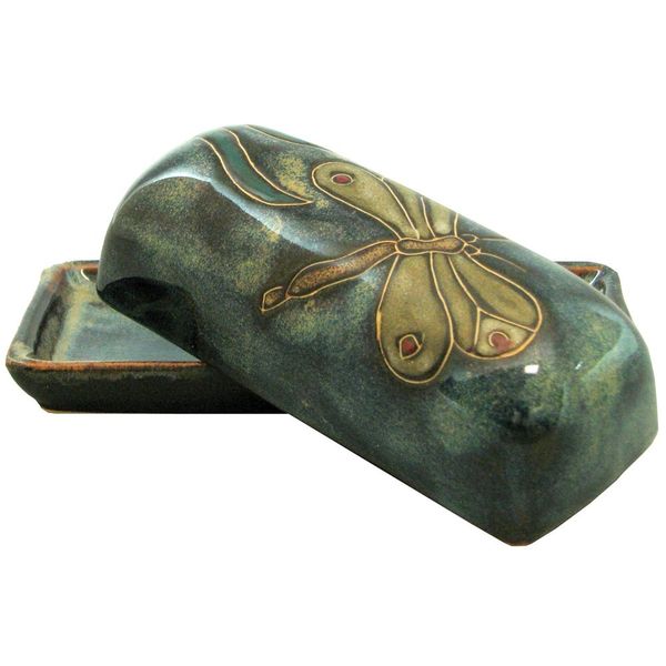 Mara Stoneware Collectible Butter Dish - Mexican Pottery - Blue with Dragonfly Design