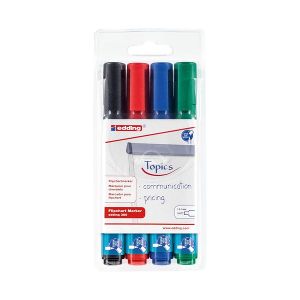 edding 380 flipchart marker - set of 4 - multi-coloured - round nib 1.5-3 mm - marker for writing, drawing and marking on flipchart paper - does not bleed through - does not dry out - colour intensive