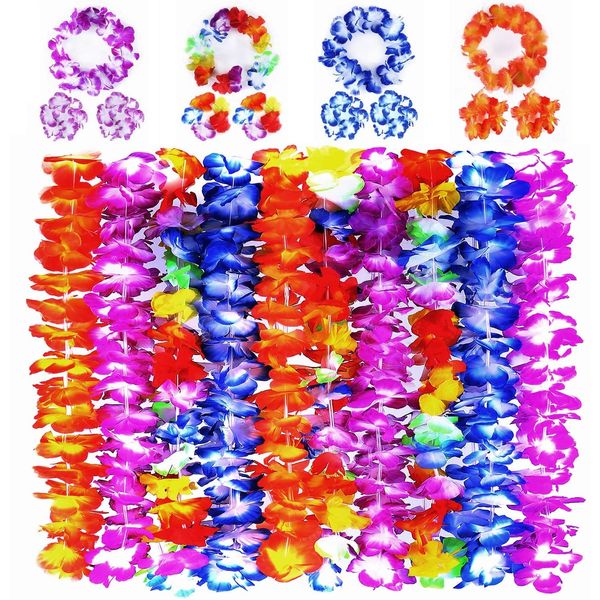 GINMIC Hawaiian Leis, Luau Party Favors, 40Pcs Tropical Hawaiian Party Necklace, Headbands And Wristbands