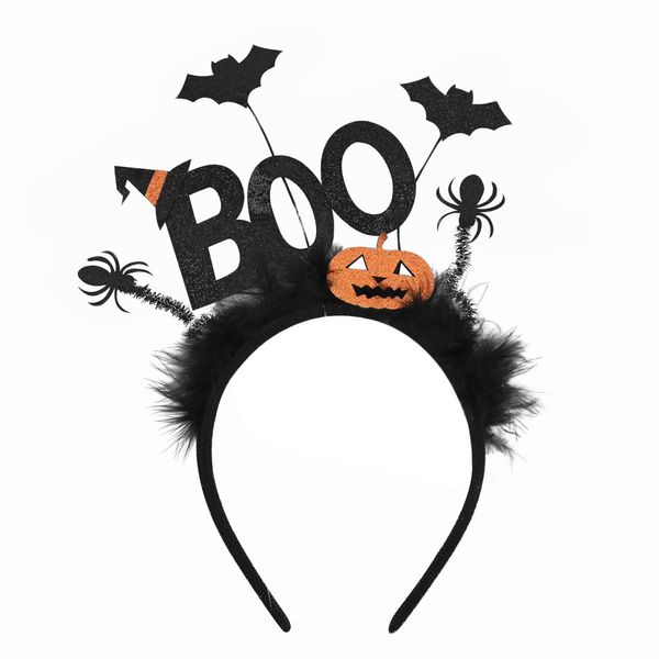 JoviaFesta Halloween Headband BOO Pumpkin Halloween Costume Party Accessories for Girls Pumpkin Spider Web Ghost Bat Witch Hat Natural Feather Hair Hoop Head Bopper (Pumpkin)