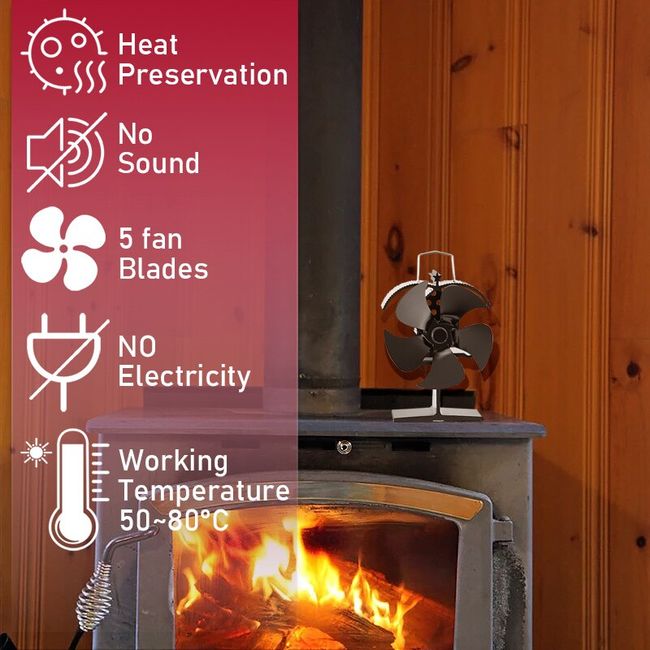 Wood Stove Fan 5-Blade Fireplace Fan for Wood Burning Stove, Heat Powered  Fan Blade Wood