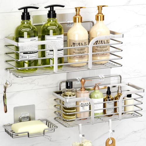 Yougai Shower Caddy Shelf with Soap Dish and 4 Hooks, SUS304 Stainless Steel Shampoo Holder Bathroom Shower Organizer No Drilling Adhesive Wall Mounted Storage Basket Accessories