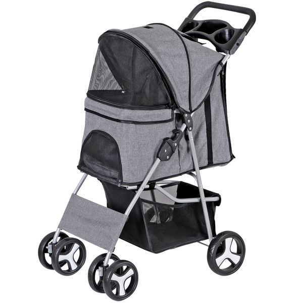 Collapsible Gray Pet Stroller with Mesh Windows and Smooth Zippers