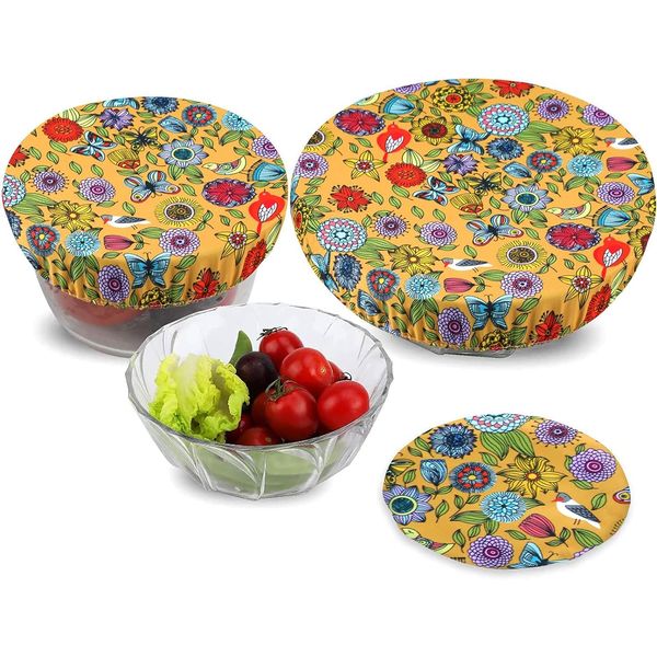 PHOGARY 3 Reusable Bowl Covers Lids, Food Cover, Stretched Lids, Waterproof Fabric Covers for Glass Salad Bowl, Pot, Melons, Elastic Edging (Sunflower)