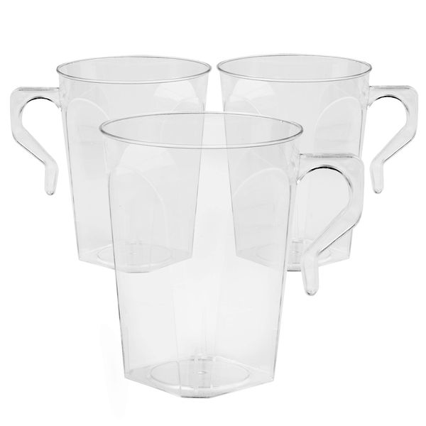 Ilyapa 50 Plastic Coffee Cups with Handles, 8 oz Clear - Disposable or Reusable Mug Pack