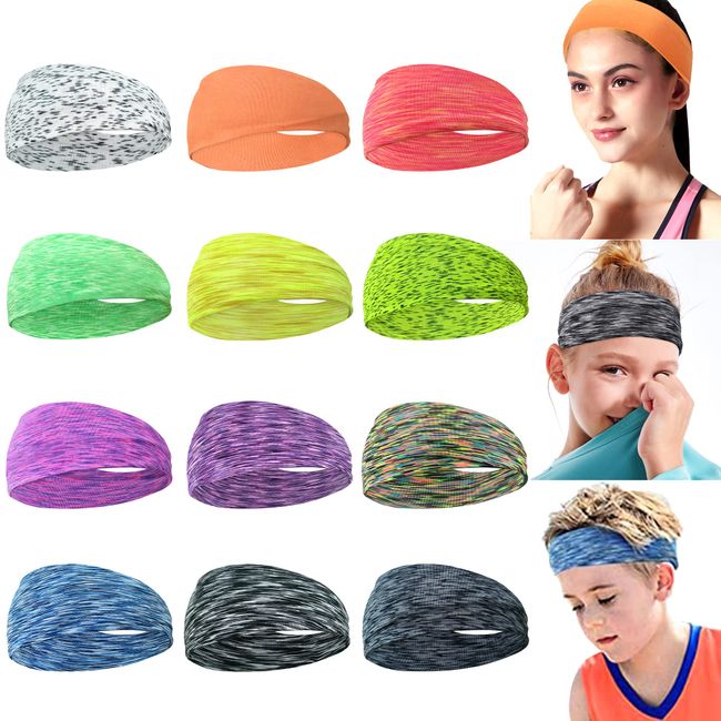 MiDoDo 12 stück Sport Damen und Herren Stirnband Haarband für Jugendliche Frauen rutschfeste Wicking Stretch Kopfband für Sport, Yoga, Tanzen, Laufen, Radfahren (12PCS)