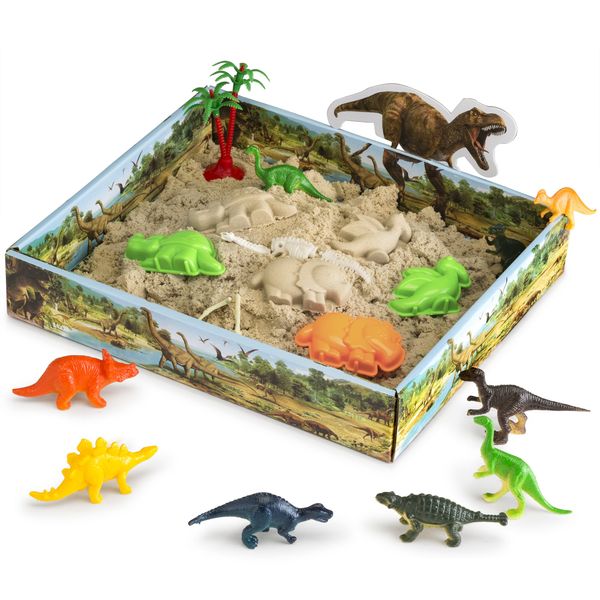 CoolSand Dino Discovery 3D Sandbox for Kids with 1 Pound Moldable Indoor Artificial Play Sand, Shaping Molds, Dinosaur Figures, 3D Tray