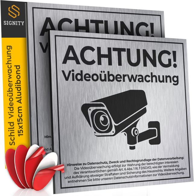 2-er SIGNITY Schild Videoüberwachung (15x15 cm klein) inkl. DSGVO Hinweis - Warnschild Kamera Überwachung - ideal zur Kamera Attrappe - Aluminium Schild - Achtung Videoüberwachung für Privatgrundstück