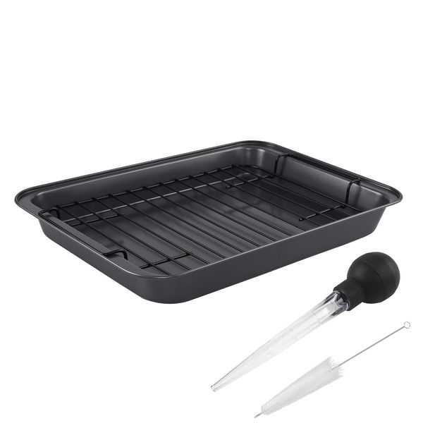 Kitcom Nonstick Roasting Pan with Rack, 16.5x11x2 Inch Turkey Roaster for Turkey, Chicken, Meat & Vegetables, Lasagna(Gray)