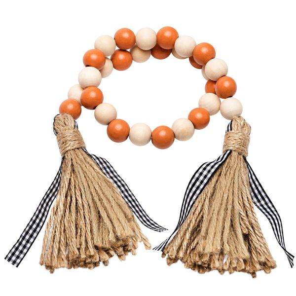 R HORSE Wood Bead Tassel Garland Thanksgiving Farmhouse Rustic Bead with Jute Rope Plaid Tassel Tray Decoration Retro Room Decor Home String Prayer Wall Décor for Nursery Room Vase Ornament