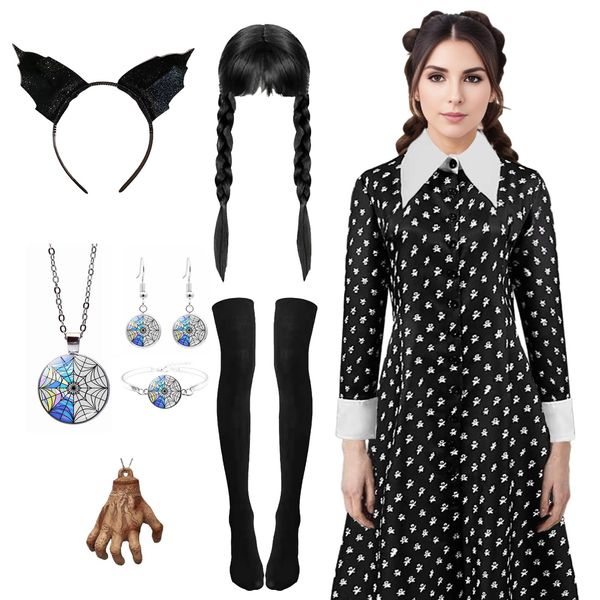 Alaiyaky Wednesday Costume Set for Girls Women, Black Evening Dress Prom Dresses Outfit with Wig Headband Necklace Belt Socks Earrings Bracelet Pendant, Black Dress Ball Gowns for Party (Adult C, S)