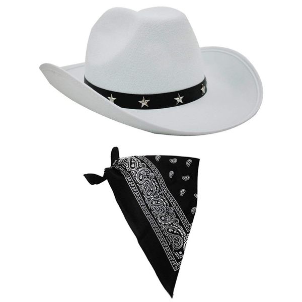 COWBOY FANCY DRESS ACCESSORY SET COSTUME WHITE COWBOY HAT WITH STAR STUDDED BAND & COLOURED PAISLEY BANDANA WILD WEST WESTERN SHERIFF BANDANNA ILOVEFANCYDRESS® (BLACK BANDANA) ** PLEASE BE AWARE COWBOY HATS MAY HAVE MARKS ON **