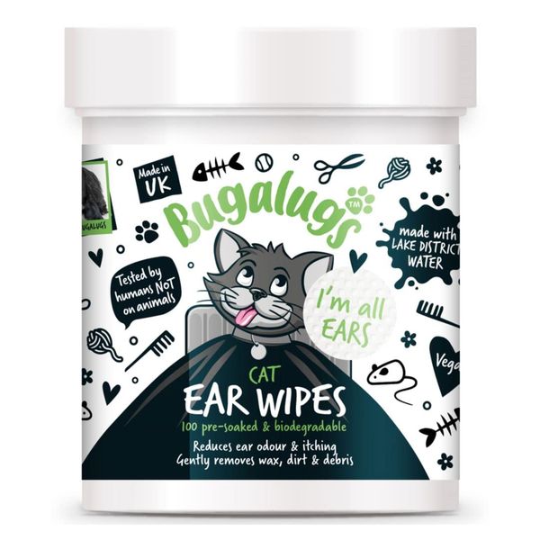 BUGALUGS Cat Ear Cleaner Cat Wipes 100 Biodegradable textured pre-soaked cat ear wipes. Pet Wipes Cat Ear Cleaner Solution Stops Head Shaking, Itching & Waxy Ears (100 Wipes)