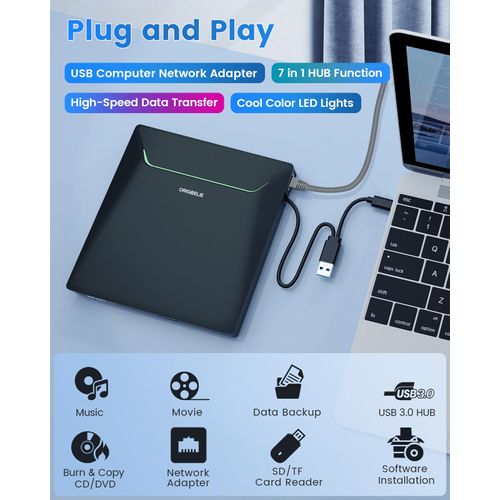 New External CD DVD Drive, Cool DVD Burner USB 3.0 with Ethernet Adapter, 3 USB and 2 TF/SD Card Ports, CD DVD Player Reader Writer Optical Disc Drive for Laptop MacBook PC Windows Linux Mac OS