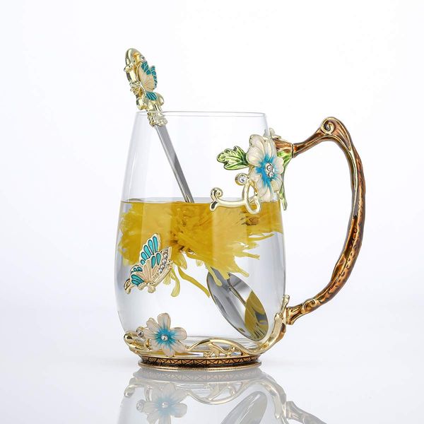Luka Tech Handmade Enamel Butterfly Flower Glass Coffee Mugs Tea Cup with Spoon,Best Birthday Gifts for Her Women Mum Friends Mothers Day(Blue-Tall)