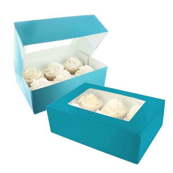 Baked with Love 6/12 Cupcake Box, Twin Pack, Teal Cupcake Boxes to Carry Tasty Treats, Includes Dual Insert for 6 Standard Cupcakes or 12 Mini Cupcakes, Pack of 2 Blue Boxes