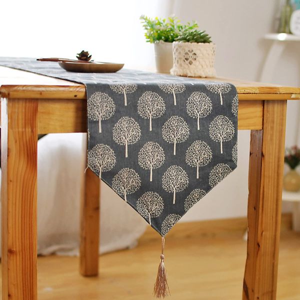 [Oda Shoten] Nordic Table Runner (Cotton Linen / Wooden Pattern) with Tassels, Stylish Tablecloth (Charcoal Gray, 11.8 x 86.6 inches (30 x 220 cm)