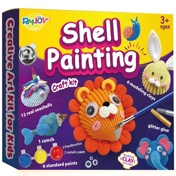 RMJOY Arts & Crafts Kit for Kids: Sea Shell Painting Kit Creativity Craft Kits with 12 Shells 6 Paint 6 Clay Suitable for Painting & DIY Molding Magic Clay Gifts Toys for Ages 3-12 Year Old Boys Girls