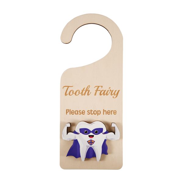 Supermen Tooth Door Hanger with Money Holder, Wooden Cool Fairy Lost Tooth Keepsake 3D Tooth Pickup Box Encourage Gift for Kids Room Decor