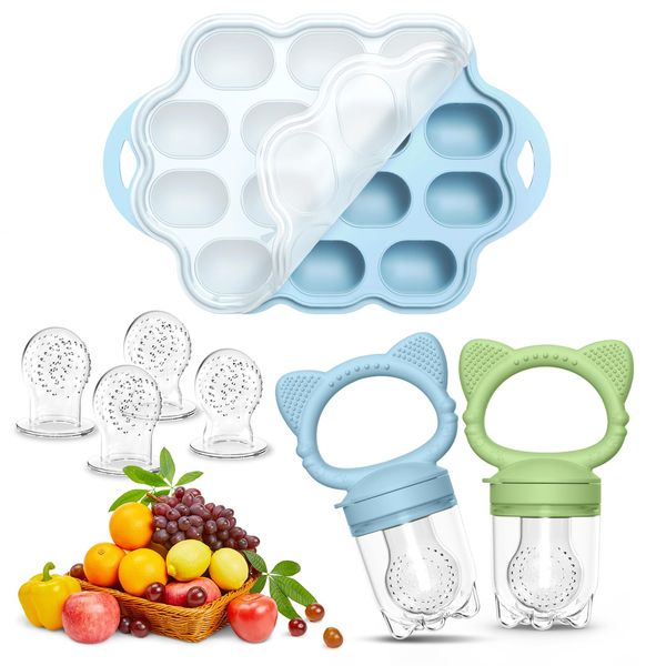 Baby Breastmilk Popsicle Molds & Silicone Baby Fruit Food Feeder, Silicone Baby Feeding Set for Baby Teething Relief, BPA Free Silicone Teething Toys teether, Includes 6 Extra Food Pacifier