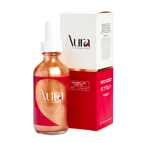 Aura Shimmering Dry Body Oil, non-greasy with shimmer, Tanning, Hypoallergenic, ultra-Hydrating, fast absorbing with coconut, sweet almond, jojoba, argan, mango & sunflower seed oil + vitamin A & E.