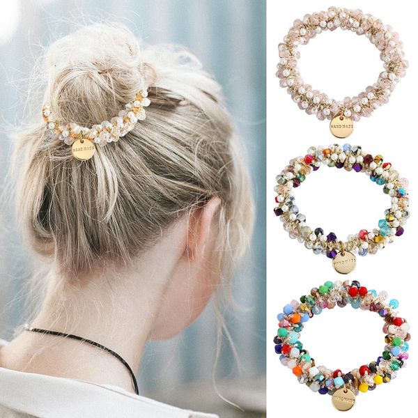 KLOP256 4 Stück Scrunchies mit Perlen, Haarschmuck Damen Kristall Elastisches Scrunchies, Pferdeschwanz Haargummis Haarseil mit Perlen für Damen und Mädchen(Bunt)