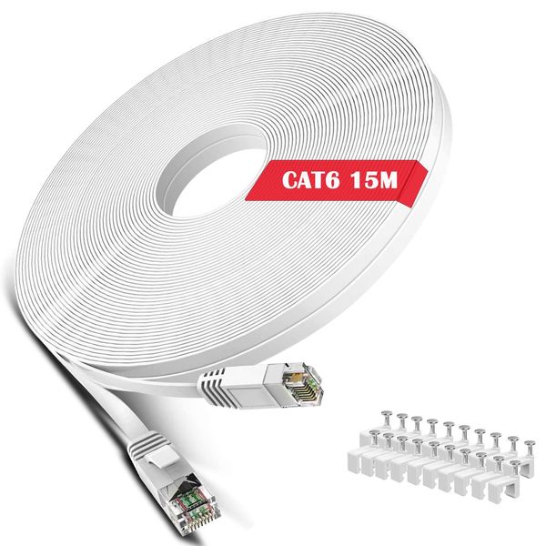 WISCENT Cat 6 Ethernet Cable 50 ft White - Flat Internet Network LAN Patch Cords – Solid Cat6 High Speed Computer Wire with Clips& Snagless Rj45 Connectors for Modem, Router – 50 feet