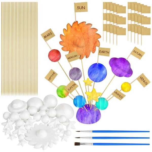 100 Pieces Solar System Model Foam Ball Kit Includes Mixed Sized Polystyrene Balls Toothpick Flag Bamboo Sticks Painting Brushes for School Science Project DIY Planet Handcraft