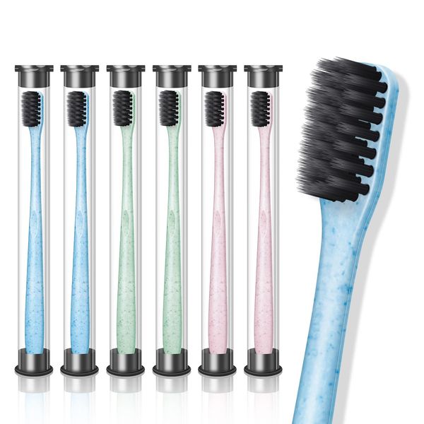 [2024 Newest] Toothbrush, Bamboo Charcoal Toothbrush (3 Colors, 6 Pieces), Soft, Small Head, Ultra Fine Bristle, Bamboo Charcoal Toothbrush, Teeth Whitening, Anti-Caries, Individual Packaging, For