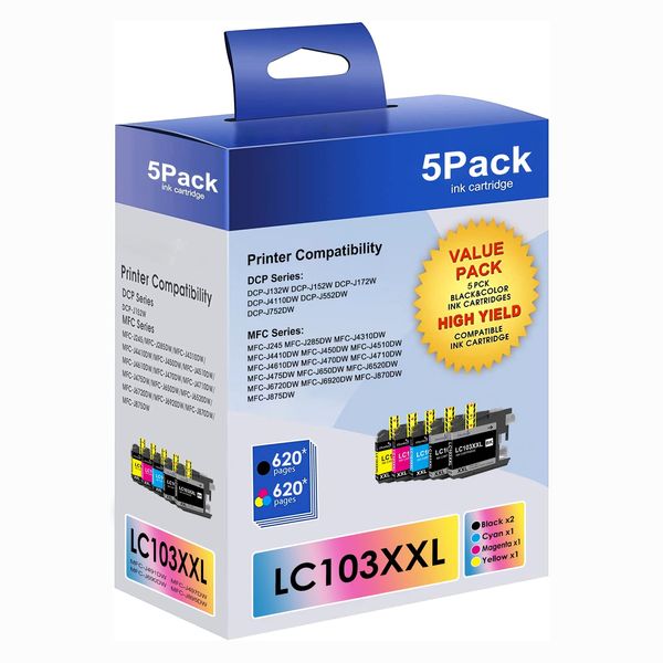 Churler Compatible Ink Cartridge Replacement for Brother LC103XL LC103 XL LC101 XXL, Cyan, Magenta, Yellow, Black, 5 Pack