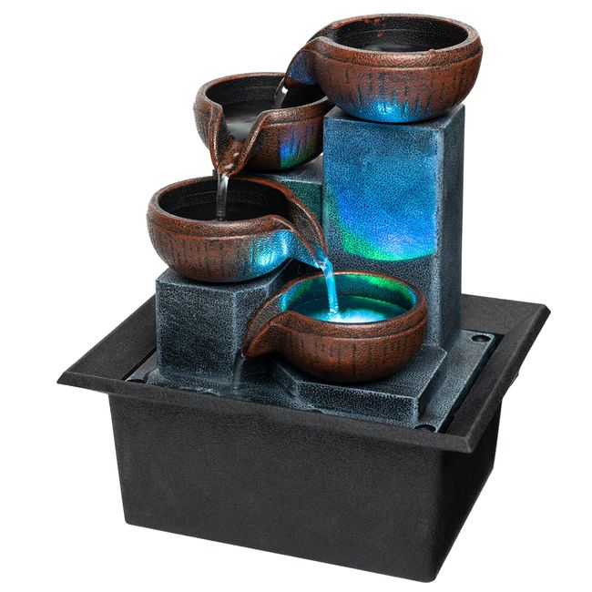 Father'sDen Collection Small Indoor Waterfall Fountain-Tabletop Fountain 4 Level-Indoor Desktop Fountain with Audible Calming Waterfall Sounds for Feng Shui Effect-Cascading LED Color Lighting