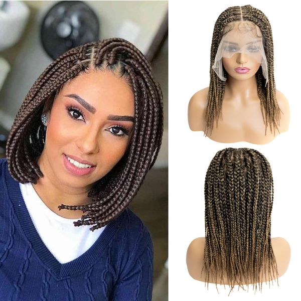 PIB 12" Single Full Lace Knotless Box Braid Wig Square Parted Braided Wigs for Black Women with Natural Baby Hair (1B27, Off Black and Light Brown)