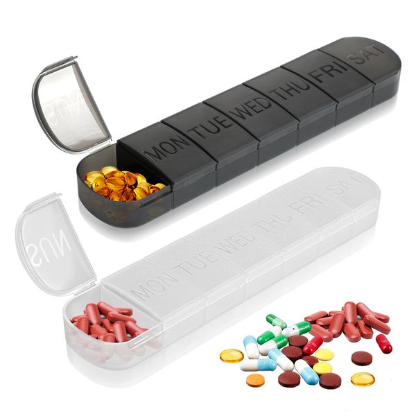 Pill Box Organiser, 2 Pcs 7 Day Pill Box Organiser 1 Times a Day Weekly Pill Box, Pill Box Tablet Organiser 7 Day Travel Portable Pill Storage Box for Medication, Supplements, Vitamins, Cod Liver Oil