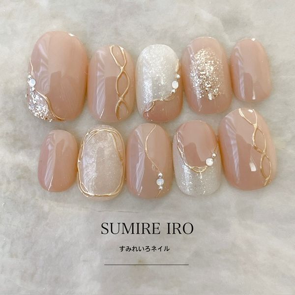 Nail tips False nails Bridal nails Coming of age nails Short long design Simple nails Nails Beige nails Small nails Large nails Very short Chibi nails Adult nails False nails Custom nails<br> [o2120] Milk tea beige mirror line