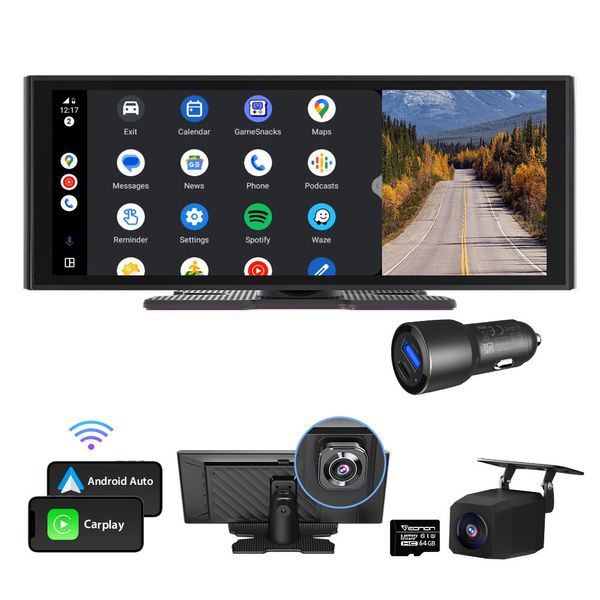CAM+Portable Android Auto CarPlay 10.2" IPS Touch Car Stereo Radio Bluetooth DVR