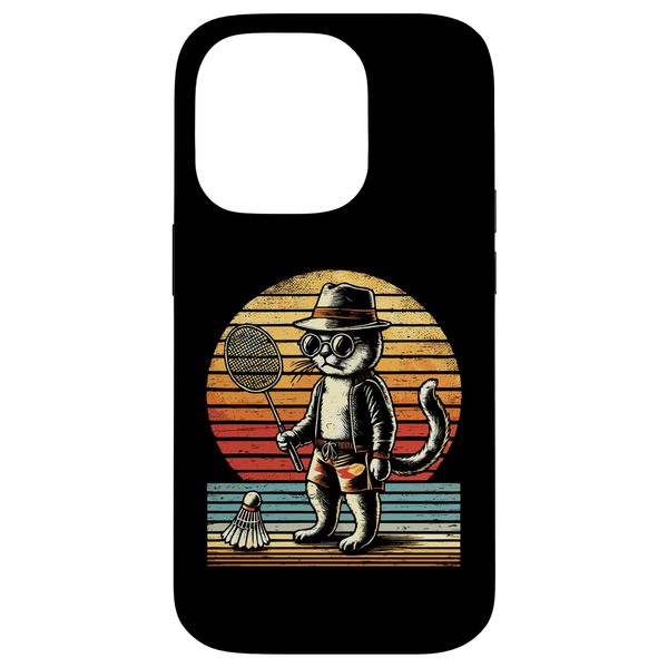 iPhone 14 Pro Retro Sunset Cat Badminton Player Shuttlecock Racket Case