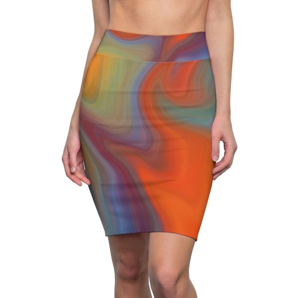 Womens Pencil Skirt, High Waist Stretch, Autumn Orange Swirl - M / 4 oz.