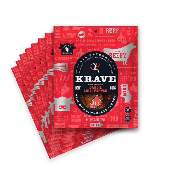 KRAVE All Natural Beef Jerky, Garlic Chili Pepper - Protein Packed Snacks Roasted for Maximum Flavor - 100% Grass Fed Beef - Gluten Free - 2.7 Ounce (Pack of 8)