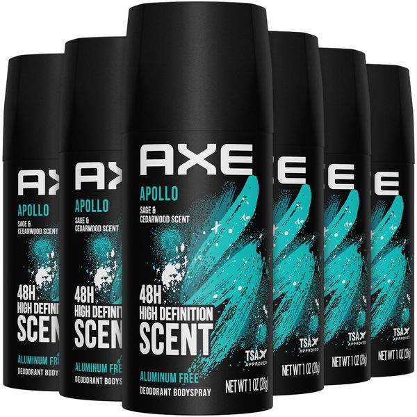 AXE Men Travel Deodorant, Aluminum-Free, Bodyspray, Apollo 6-Pack – 48H Anti-Sweat Protection, TSA-Approved Body Spray, 1 Oz Ea
