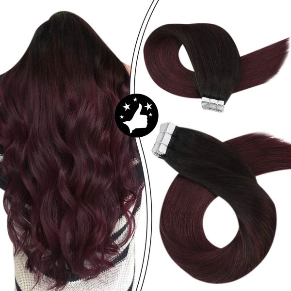 Moresoo Burgundy Hair Extensions Human Hair Tape in Remy Hair Extensions 16 Inch #1B Off Black to #99J Wine Red Glue in Brazilian Hair 20 Pieces PU Tape in Real Hair Extensions Double Sided 50g