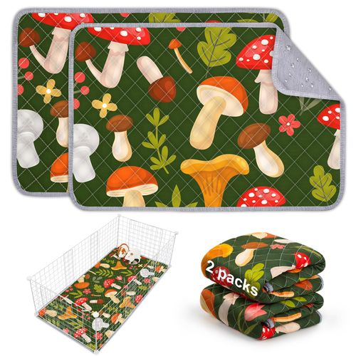 Bienbee Guinea Pig Bedding, 2 Pack 24" x 18" Reusable Guinea Pig Cage Liner Waterproof and Absorbent Small Animal Bedding Washable Guinea Pig Pee Pads for Small Pet Hamster Rabbit Squirrel, Mushroom