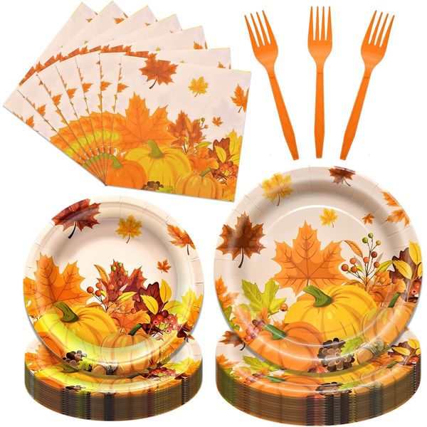 96 Pieces Thanksgiving Tableware Set - Fall Harvest Disposable Dinnerware with P