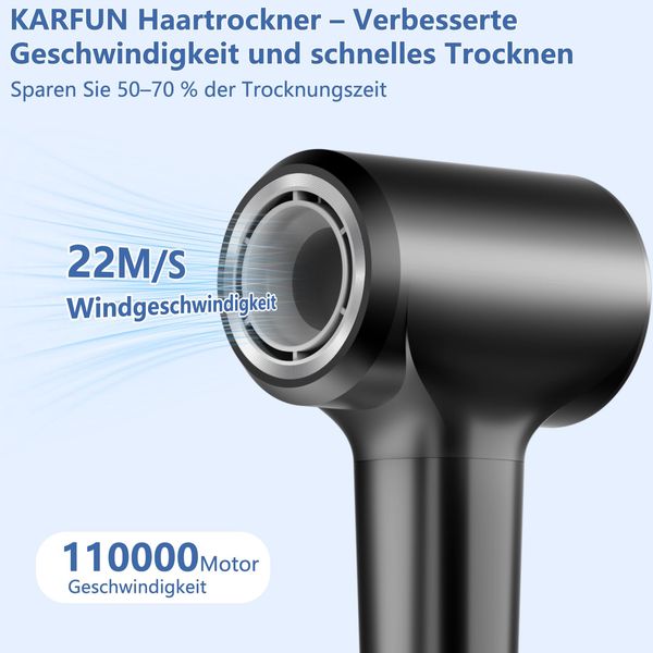 KARFUN Lonen Haartrockner,Hair Dryer mit 200 Million Negative Ionen& Smart Thermostat Haarpflege,110.000 U/min Bürstenlosen Motor Haarföhn,5X Schneller Trockenes Haar,57dB Reisefön Föhn