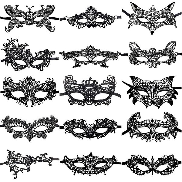 CNYMANY 15 Packs Women's Sexy Flexible Lace Masks Eye-mask for Ball Party Venetian Masquerade Costume - Black