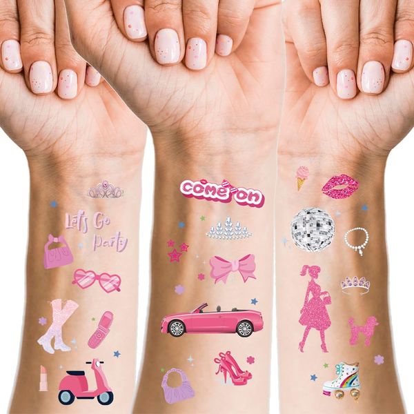 Cranight Temporäre Tattoos Kinder-75 Stile Rosa Mädchen Tattoos Prinzessin Geburtstag Party Dekorationen, Let's Go Party Supplies Pink Kindertattoos