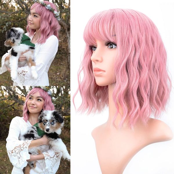 VCKOVCKO Pastel Wavy Wig With Air Bangs Women's Short Bob Purple Pink Wig Curly Wavy Shoulder Length Synthetic Cosplay Colorful Wigs for Girls (12",Purple Pink)