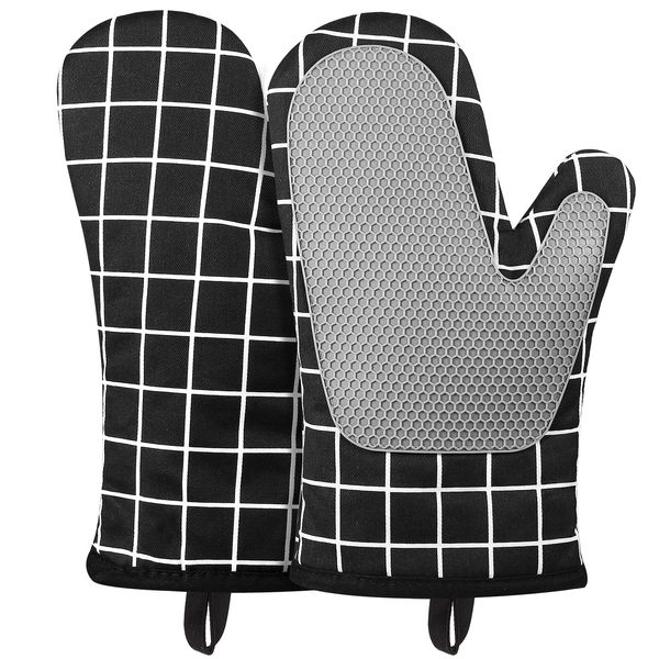 Micacorn Oven Gloves Heat Resistant,Silicone with Cotton Double Oven Mitts with Cotton Lining and Non-Slip Surface for Cooking Baking Grilling Barbecue Microwave Gauntlet (Black)