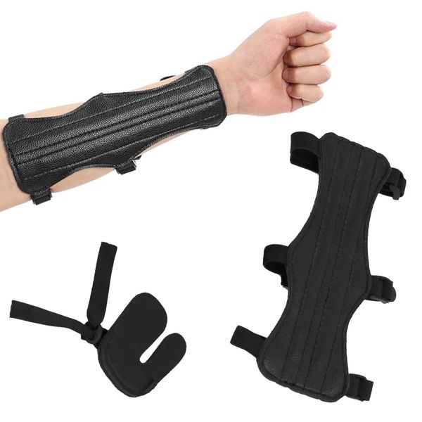 kajkey Armschutz Bogenschießen, Bogenschießen Armschutz Set, Mit Bogenschießen Handschuh, Unterarmschutz Leder Archery Arm Guard, Für Kinder-Jugend-Erwachsene-anfänger Schießen,schwarzer Fingerschutz