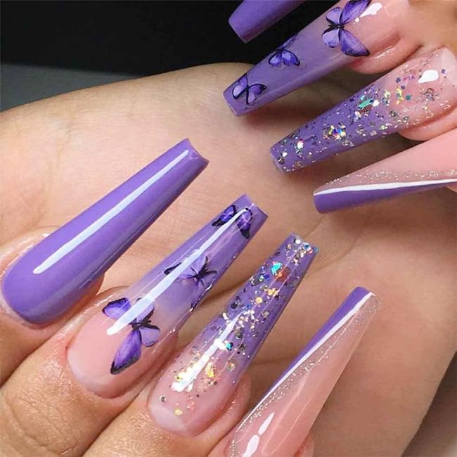 24 PCS Long Coffin Press on Nails Purple Butterfly Fake Nails Gold Glitter Fake Nails Ballerina Fake Nails Daily Wear False Nails for Women and Girls