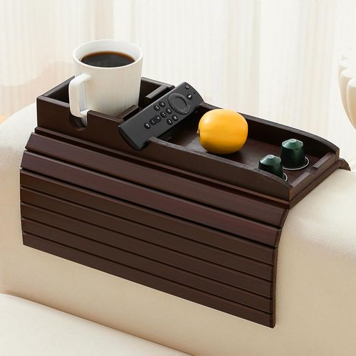 HNLISA Bamboo Couch Cup Holder Arm Tray Table，Foldable Couch Drink Holder Armrest Table，Sofa Arm Rest Tray，Flexible Arm Chair Table Recliners for Drink,Cups, Snacks, Phone, Remote (Mahogany)